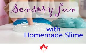fingers touching homemade slime; title: Sensory fun with Homemade Slime