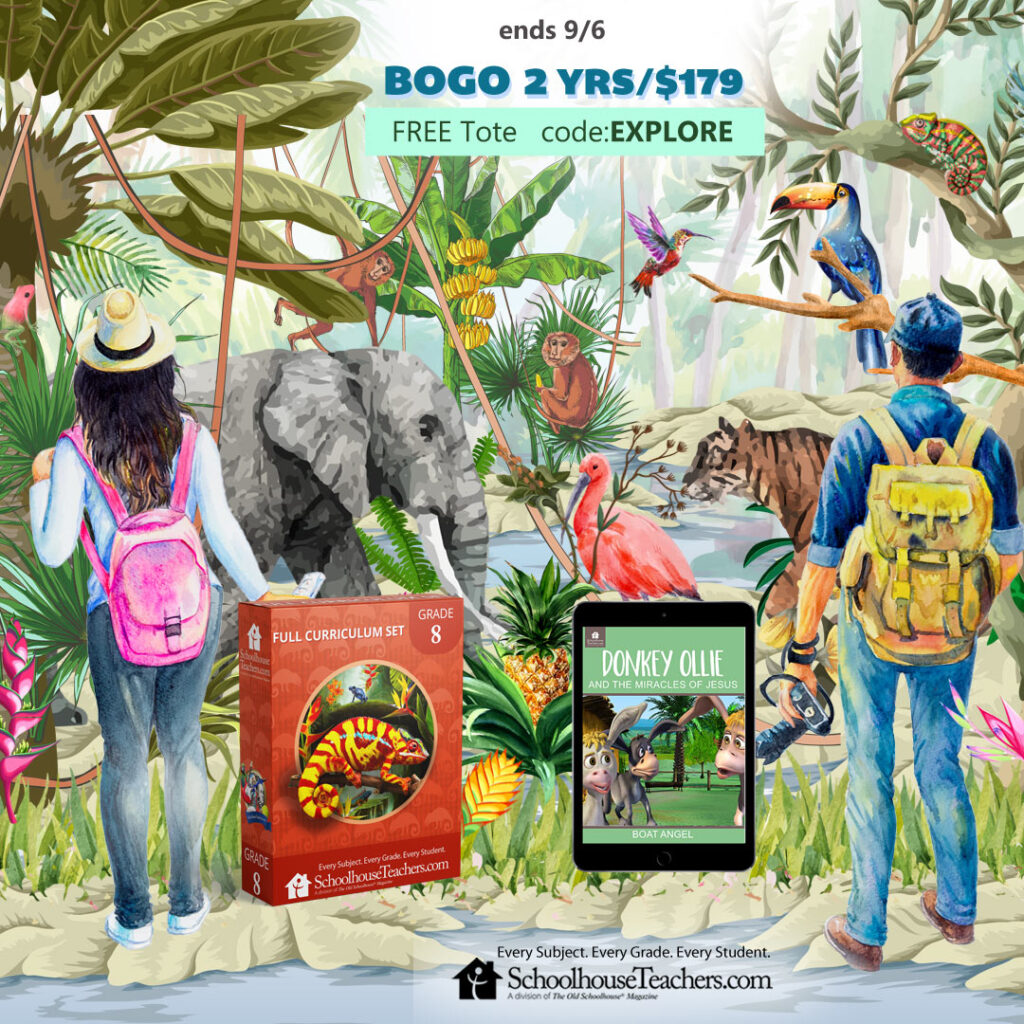 a drawing of a boy and girl in a rainforest wearing backpacks and photos of two SchoolhouseTeachers courses