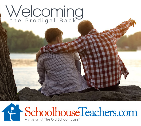 A father and his rebellious son sitting on a rock by the water having a conversation with the title, "Welcoming the Prodigal Back" 