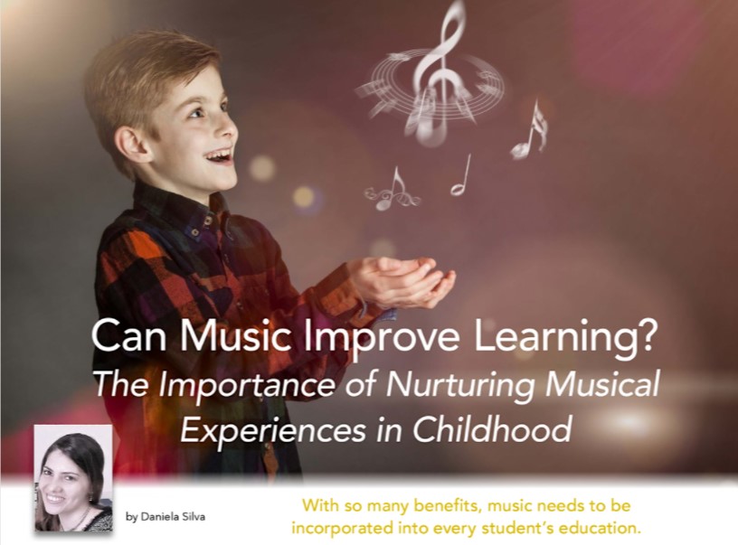 A boy smiling with cupped hands, music notes floating in the air and the words "Can Music Improve Learning?"